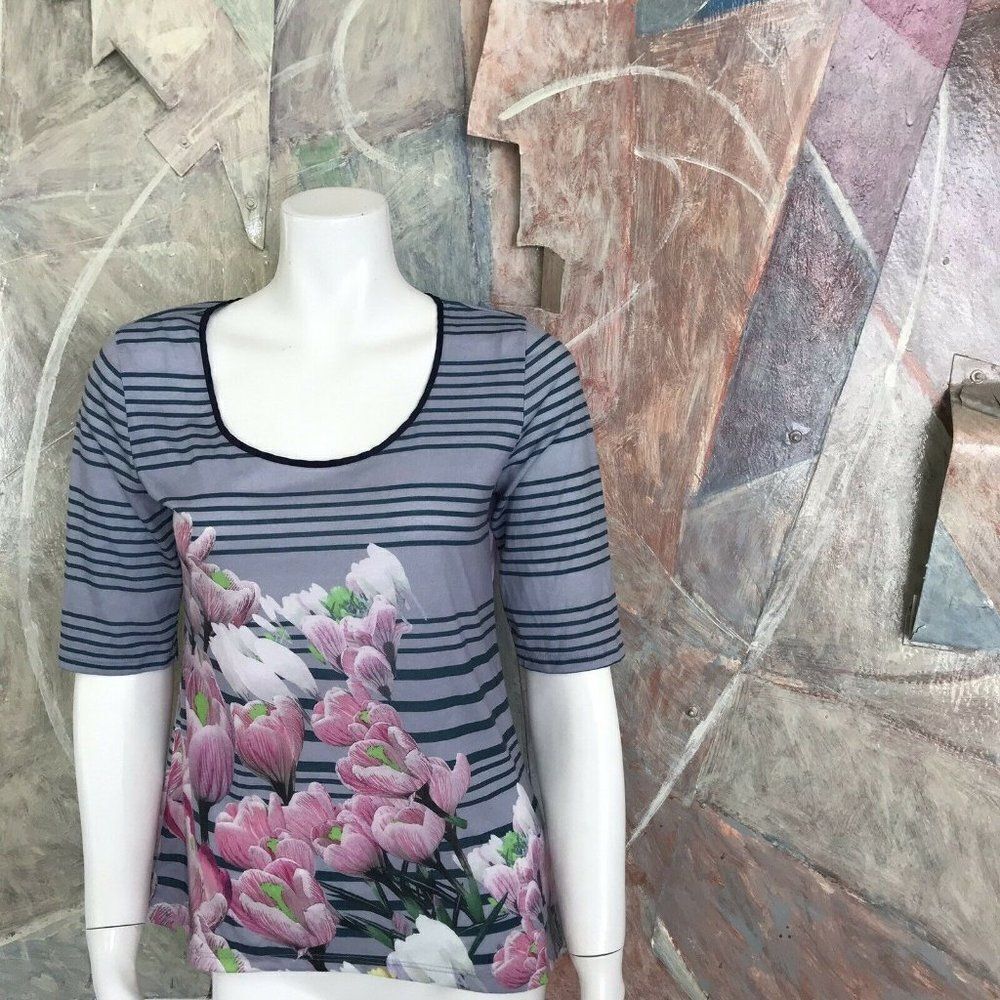 Dream Daily Pink Tulip Floral Striped 3/4 Sleeve Womens Shirt Top A14 Size Small